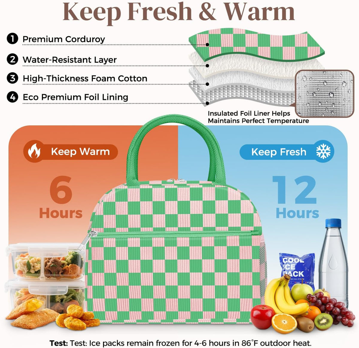 Corduroy Lunch Bag Lunch Box for Women Men,Cute Insulated Lunch Bags,Water-Resistant Cute Cooler Lunch Tote Bag, Reusable LunchBox Large Capacity for Work Travel Picnic