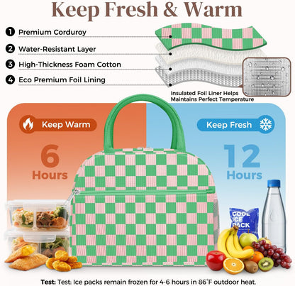 Corduroy Lunch Bag Lunch Box for Women Men,Cute Insulated Lunch Bags,Water-Resistant Cute Cooler Lunch Tote Bag, Reusable LunchBox Large Capacity for Work Travel Picnic