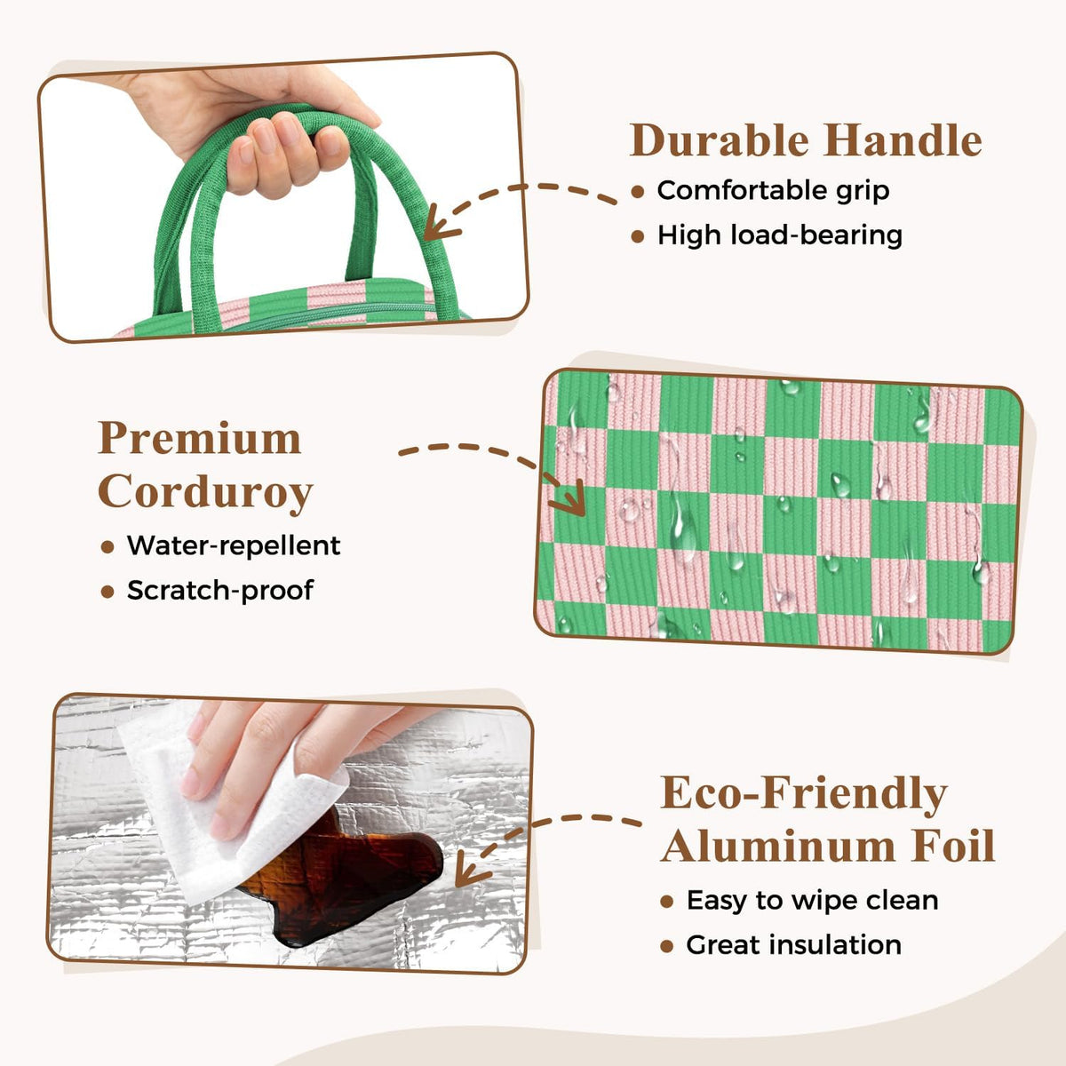 Corduroy Lunch Bag Lunch Box for Women Men,Cute Insulated Lunch Bags,Water-Resistant Cute Cooler Lunch Tote Bag, Reusable LunchBox Large Capacity for Work Travel Picnic