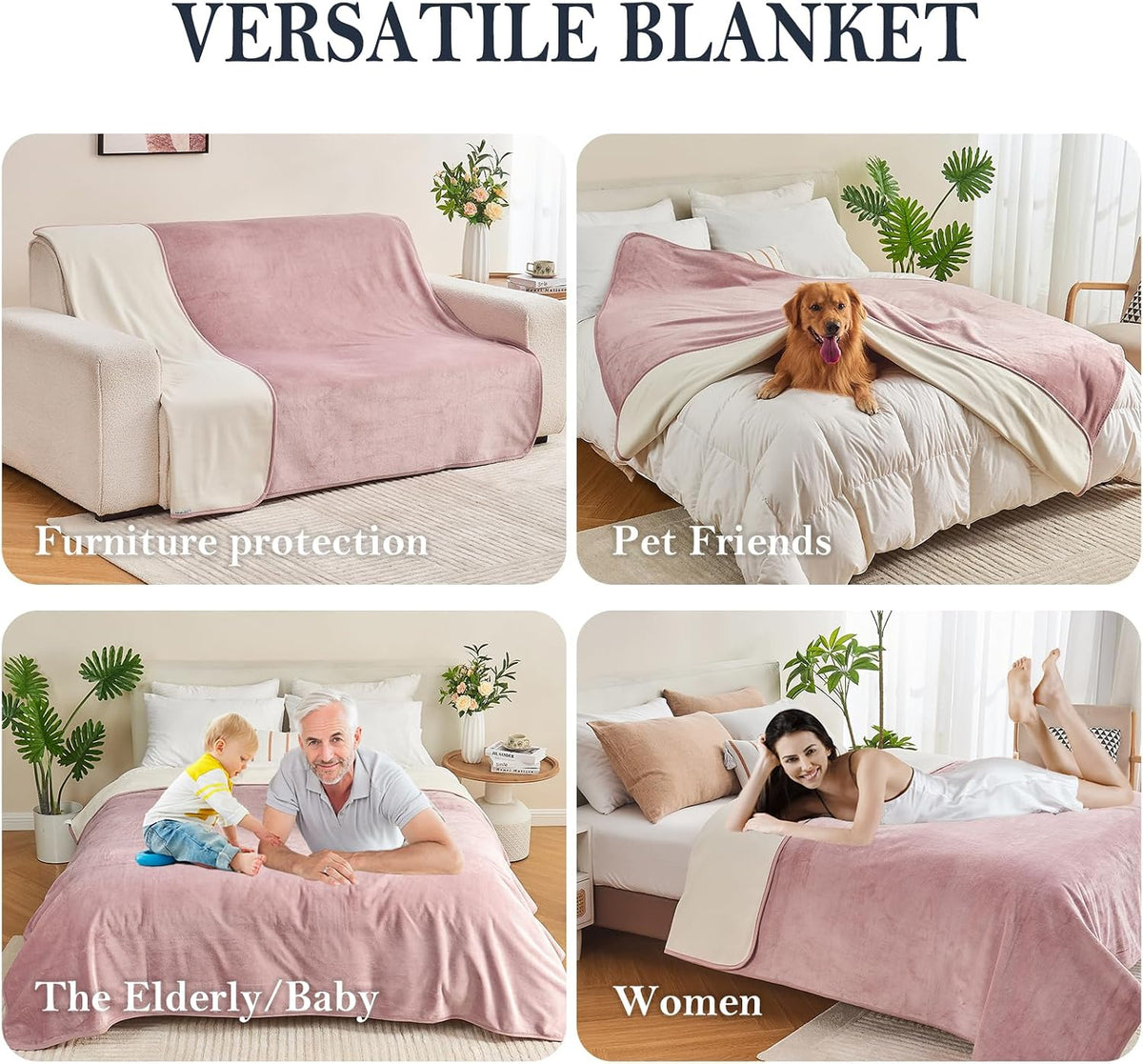 Waterproof Blanket Bed Cover 60"x80" for Adults or Pets, Dusty Pink
