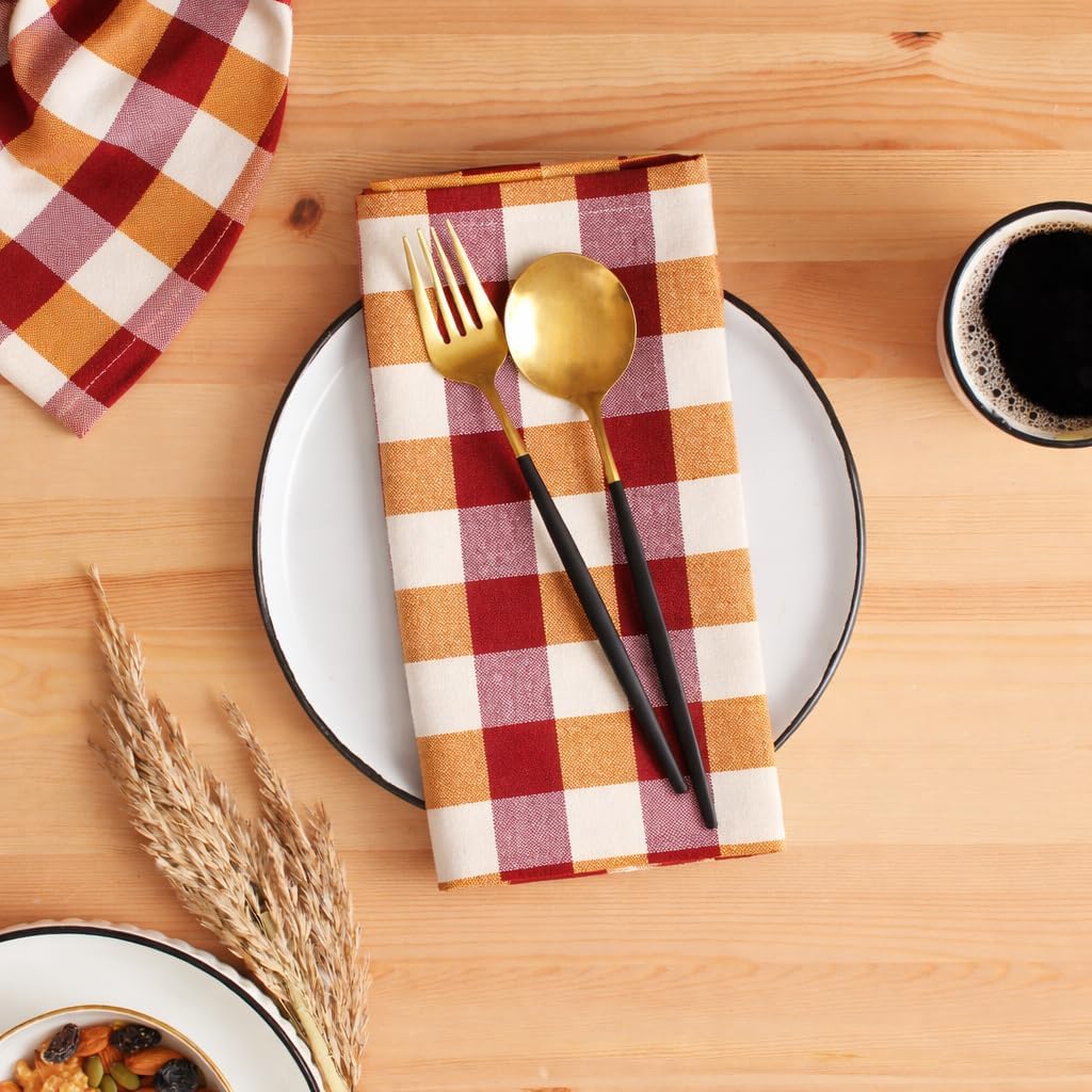 Cloth Napkins Set of 12, 100% Cotton Dinner Napkins 18x18 Inch, Soft Absorbent Gingham Check Napkin for Restaurant, Table Décor, Reusable Washable for Everyday Use - Harvest