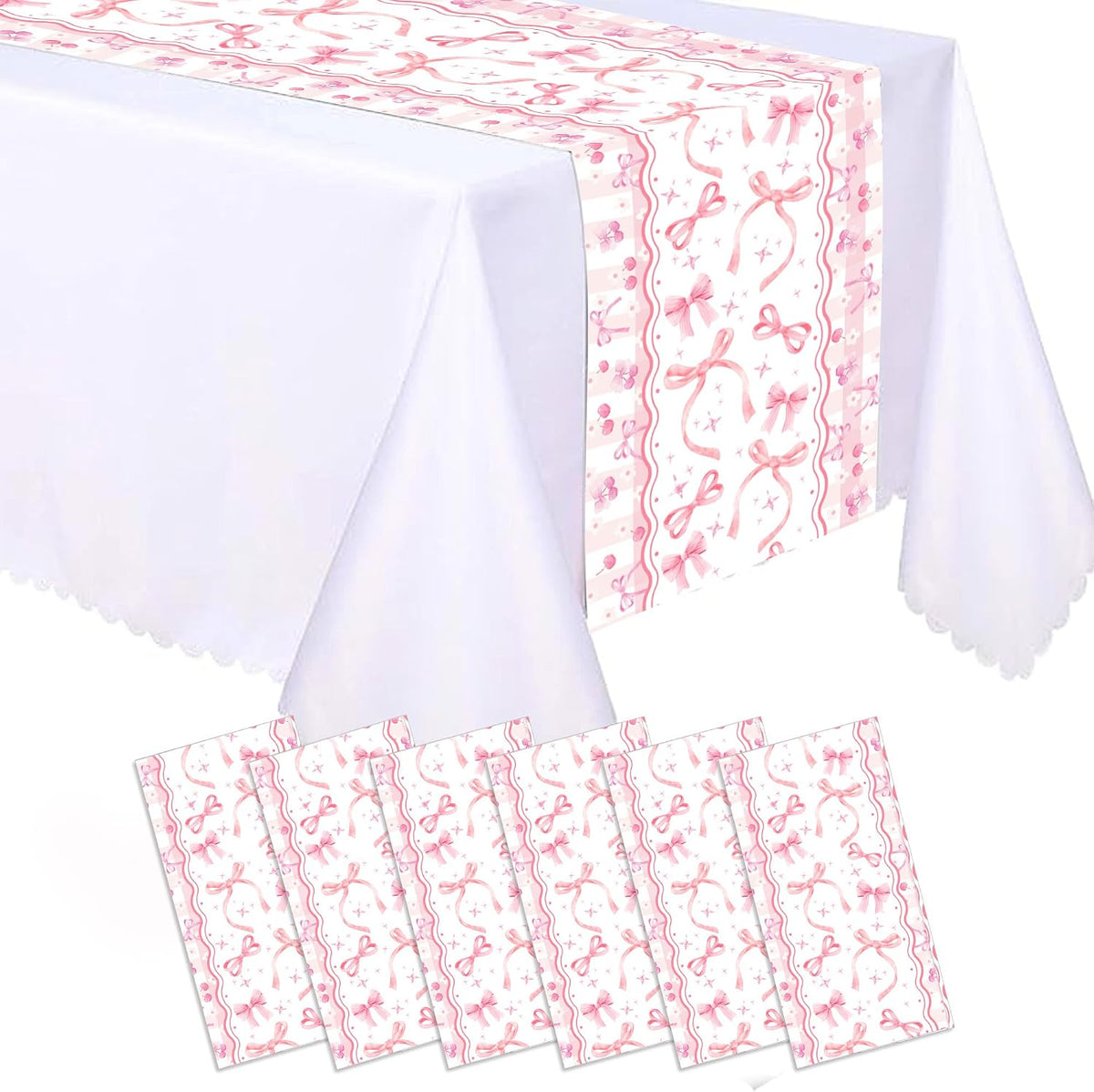 6Pcs Pink Bow Table Runner Coquette Tea Party Decorations,Disposable Table Runner for Kitchen Dining Table Decor Birthday Baby Shower Wedding Holiday Valentine's Party Essential