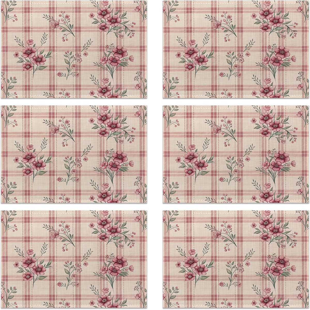 Placemats Set of 6, Cute Flowers Pink Linen Placemats 12x18 Inch, Heat Resistant Table Mats, Washable Non Slip Place Mats for Dining Table Kitchen Home