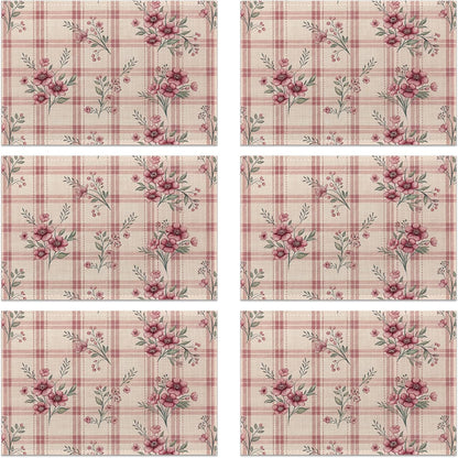 Placemats Set of 6, Cute Flowers Pink Linen Placemats 12x18 Inch, Heat Resistant Table Mats, Washable Non Slip Place Mats for Dining Table Kitchen Home