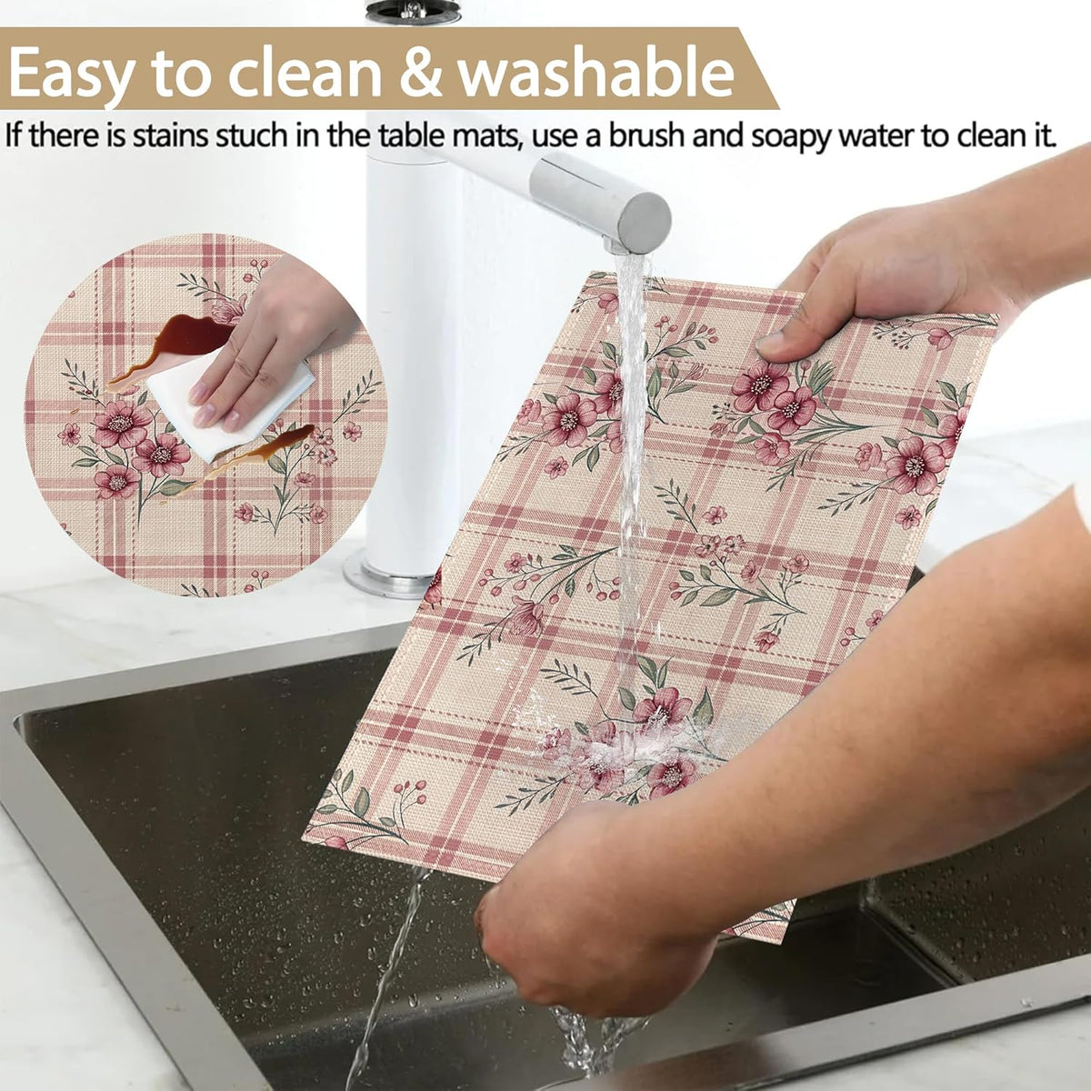 Placemats Set of 6, Cute Flowers Pink Linen Placemats 12x18 Inch, Heat Resistant Table Mats, Washable Non Slip Place Mats for Dining Table Kitchen Home