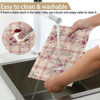 Placemats Set of 6, Cute Flowers Pink Linen Placemats 12x18 Inch, Heat Resistant Table Mats, Washable Non Slip Place Mats for Dining Table Kitchen Home