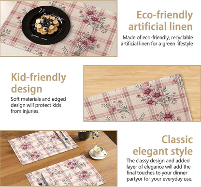 Placemats Set of 6, Cute Flowers Pink Linen Placemats 12x18 Inch, Heat Resistant Table Mats, Washable Non Slip Place Mats for Dining Table Kitchen Home