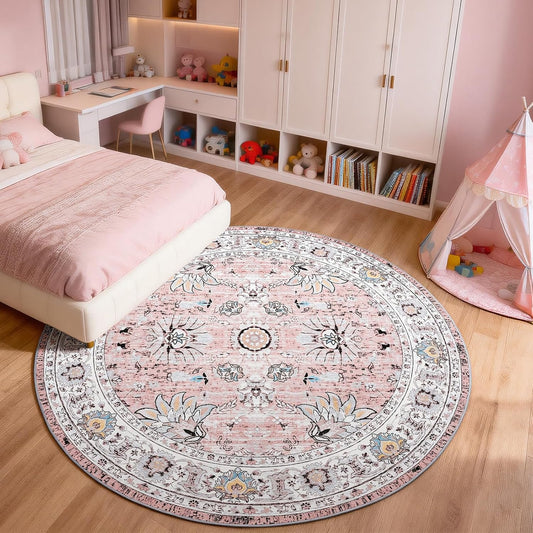 6ft Round Washable Area Rug, 6x6 Pink Circle Rugs for Living Room