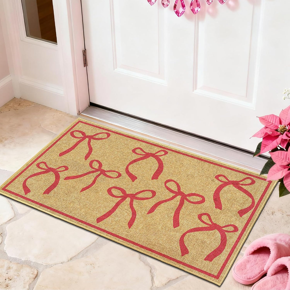 Pink Bow Mats Outdoor Welcome Mat for Inside Outside Entrance Kitchen Rugs