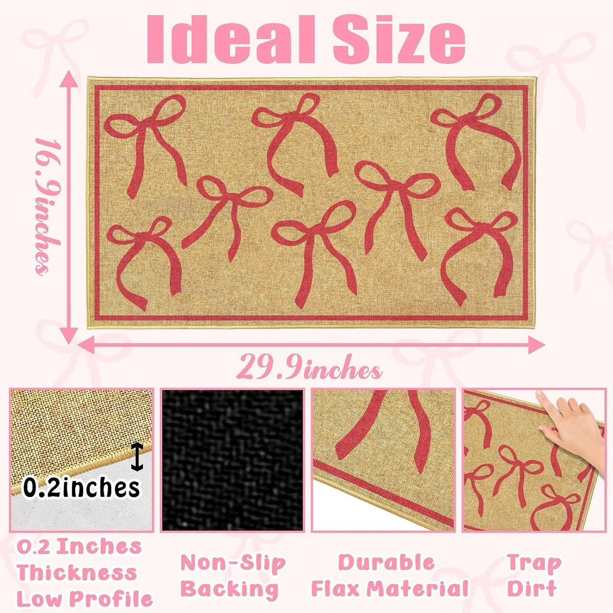 Pink Bow Mats Outdoor Welcome Mat for Inside Outside Entrance Kitchen Rugs