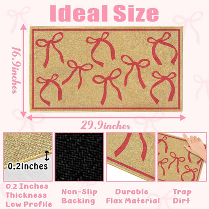 Pink Bow Mats Outdoor Welcome Mat for Inside Outside Entrance Kitchen Rugs