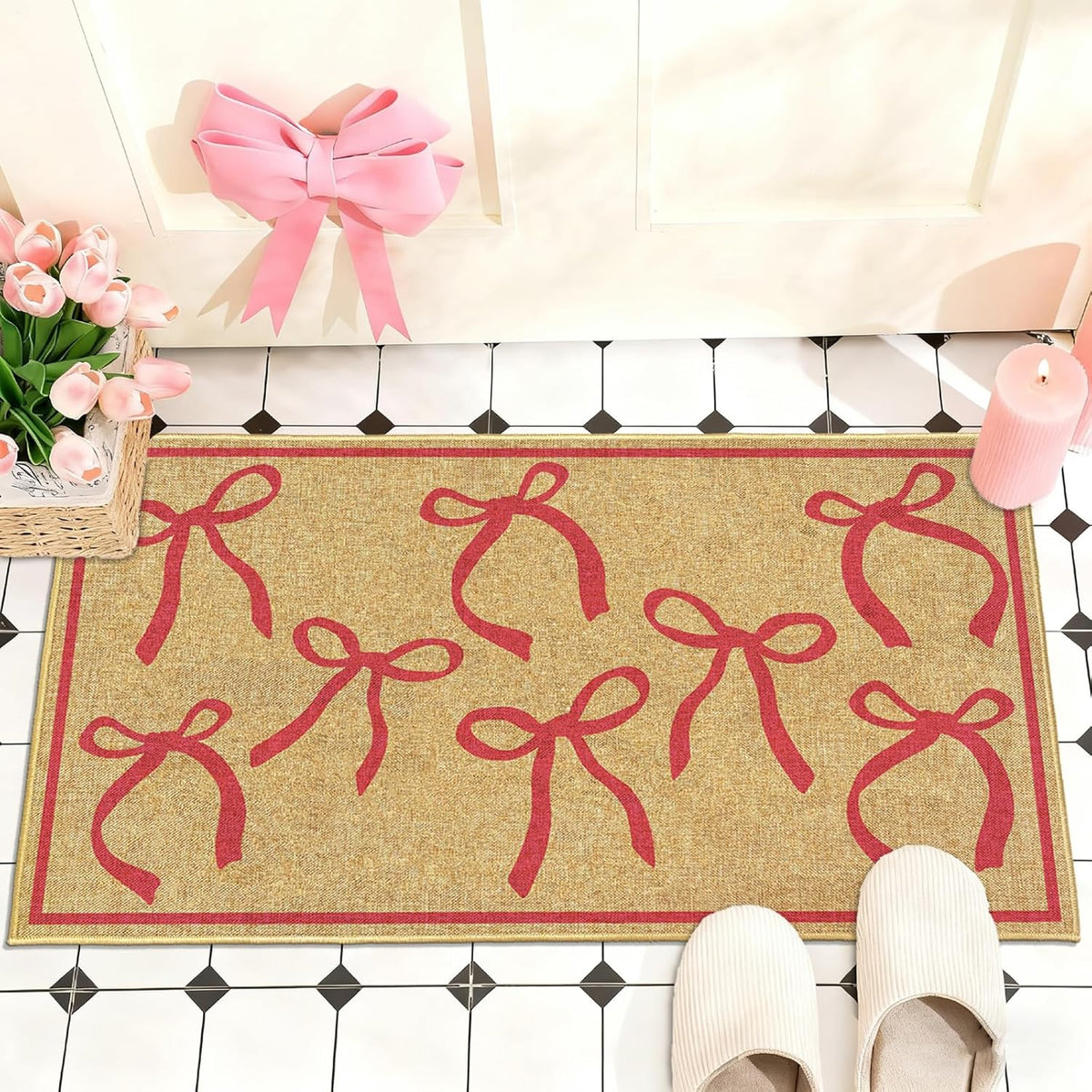 Pink Bow Mats Outdoor Welcome Mat for Inside Outside Entrance Kitchen Rugs