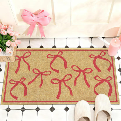 Pink Bow Mats Outdoor Welcome Mat for Inside Outside Entrance Kitchen Rugs