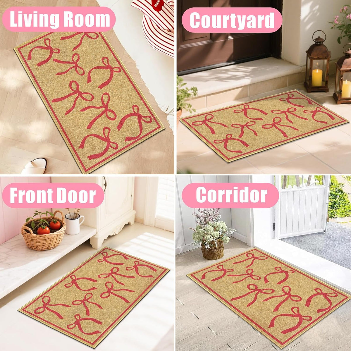 Pink Bow Mats Outdoor Welcome Mat for Inside Outside Entrance Kitchen Rugs