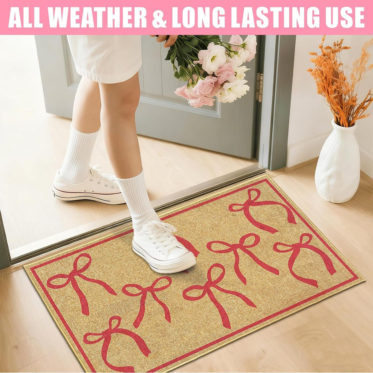 Pink Bow Mats Outdoor Welcome Mat for Inside Outside Entrance Kitchen Rugs