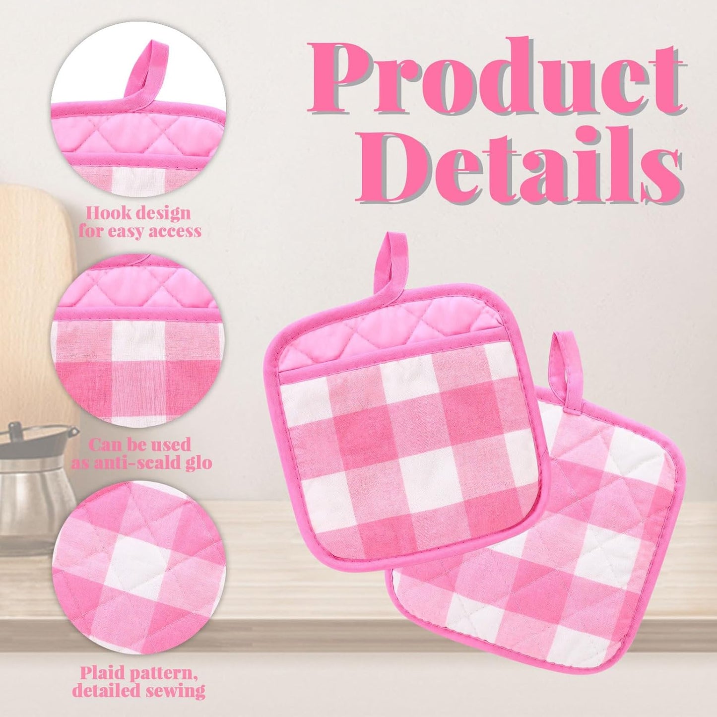 4 Pieces Checked Pot Holders Set, Heat Resistant Oven Mitts Pads with Pocket, Non-Slip Potholders for Kitchens Clearance Backing Cooking Countertop Decor Accessories (White, Pink)