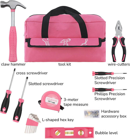 Pink Home Repair Tool Kit, Durable Portable Household DIY Fixing Set for Women Home Repair Carbon Steel Non Slip Handles 18 Piece Pink Storage Bag