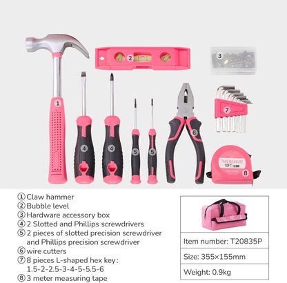Pink Home Repair Tool Kit, Durable Portable Household DIY Fixing Set for Women Home Repair Carbon Steel Non Slip Handles 18 Piece Pink Storage Bag