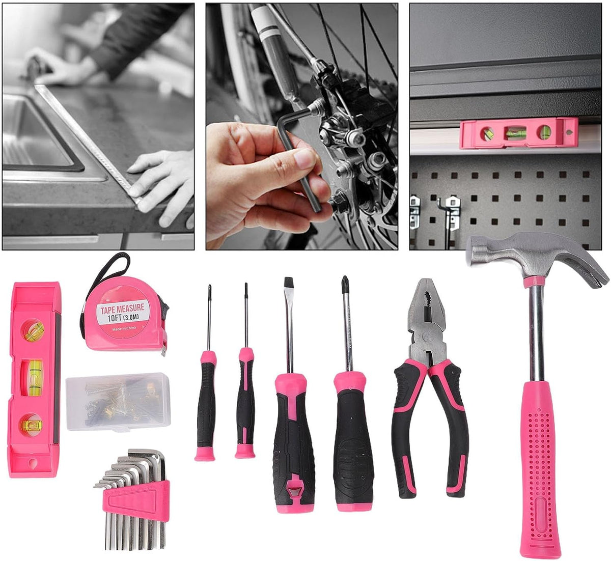 Pink Home Repair Tool Kit, Durable Portable Household DIY Fixing Set for Women Home Repair Carbon Steel Non Slip Handles 18 Piece Pink Storage Bag