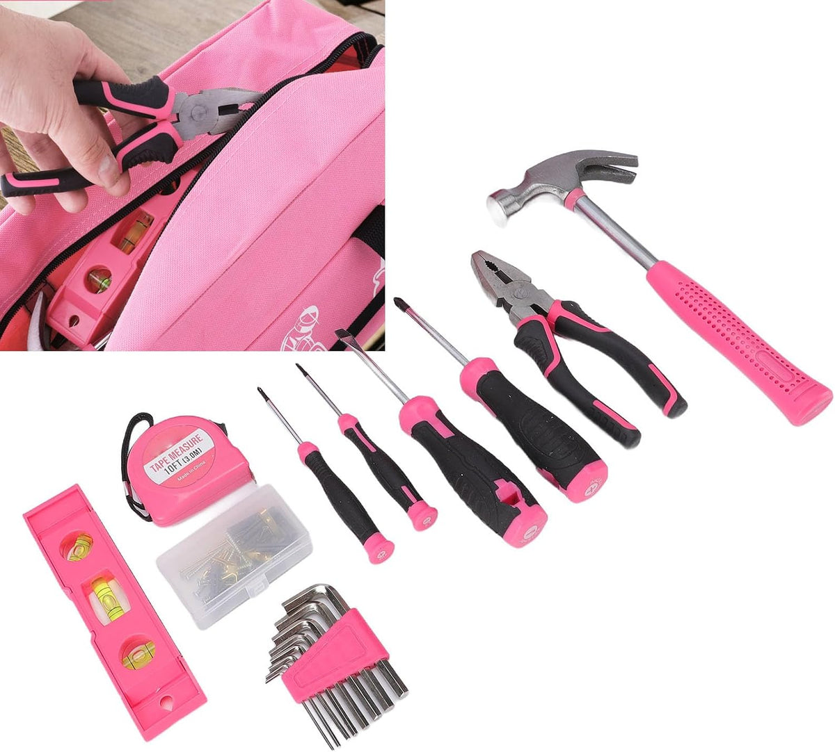 Pink Home Repair Tool Kit, Durable Portable Household DIY Fixing Set for Women Home Repair Carbon Steel Non Slip Handles 18 Piece Pink Storage Bag