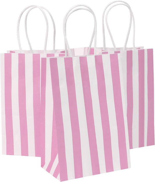 Small Gift Bags with Handles,50pcs Kraft Paper Bags Bulk,Pink Strips | 5.25x3x8 Inches,120GSM,Thick,Durable,Recyclabe Bags for Party Favor,Valentine,Birthday,Wedding,Goodie,Retail,Holiday Candy