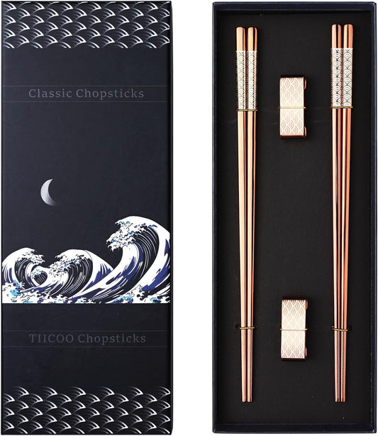 Titanium Stainless Steel 18/8 Reusable Chopsticks - 2 Pairs with Holder, Dishwasher Safe, Lightweight Japanese Style Gift Set (Rose Gold)