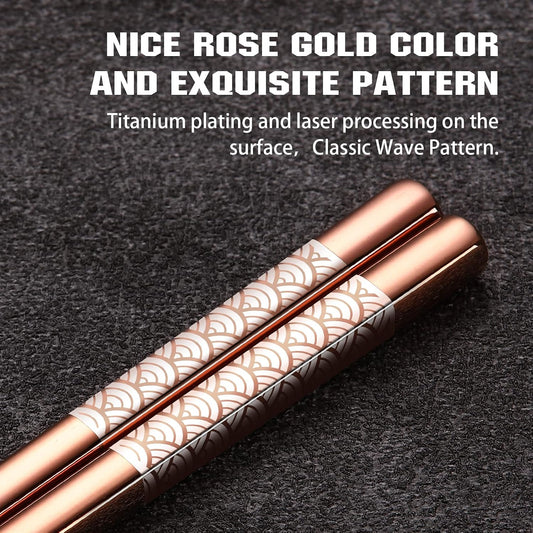 Titanium Stainless Steel 18/8 Reusable Chopsticks - 2 Pairs with Holder, Dishwasher Safe, Lightweight Japanese Style Gift Set (Rose Gold)