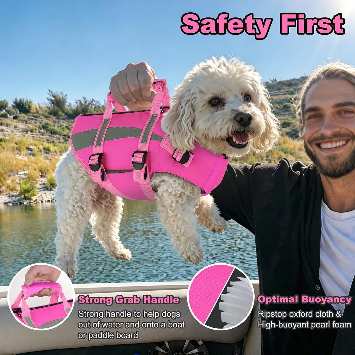 Harness-Style Dog Flotation Vest with Rescue Handle, Reflective Safety Dog Life Jacket, Adjustable Puppy Water Vest for Swimming, Boating, Pool & Beach - Pink, S