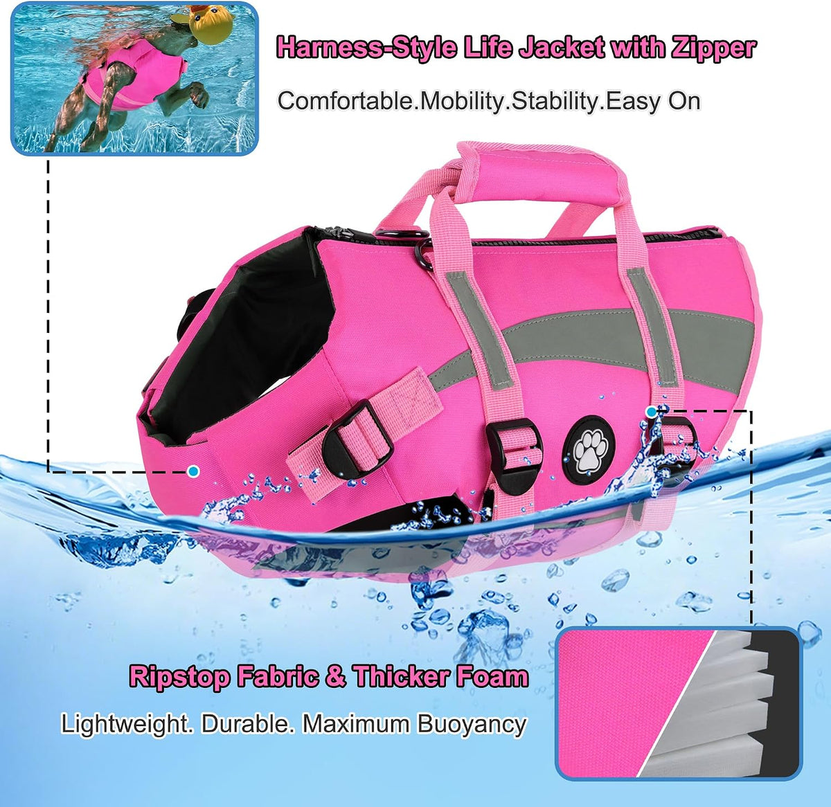 Harness-Style Dog Flotation Vest with Rescue Handle, Reflective Safety Dog Life Jacket, Adjustable Puppy Water Vest for Swimming, Boating, Pool & Beach - Pink, S