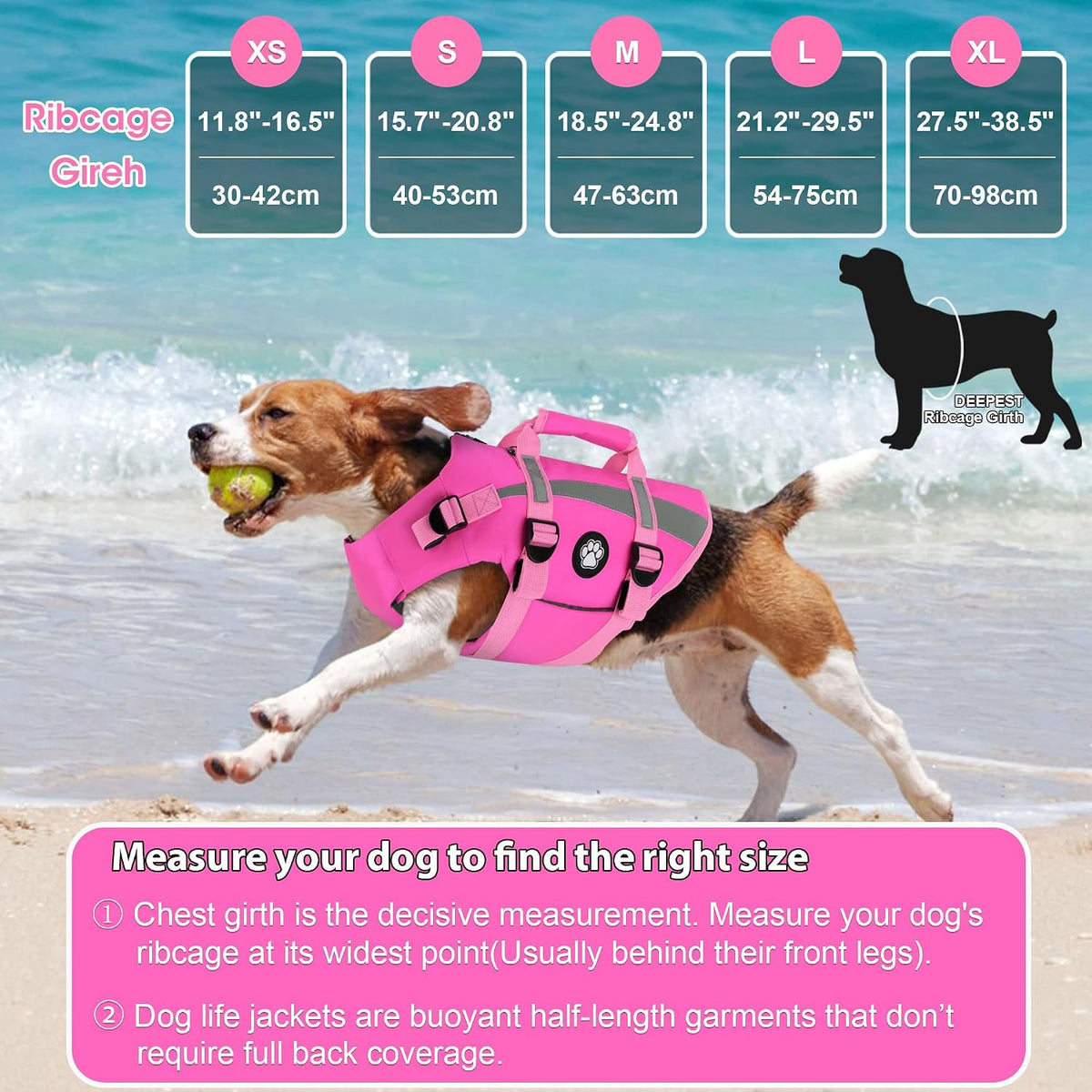 Harness-Style Dog Flotation Vest with Rescue Handle, Reflective Safety Dog Life Jacket, Adjustable Puppy Water Vest for Swimming, Boating, Pool & Beach - Pink, S