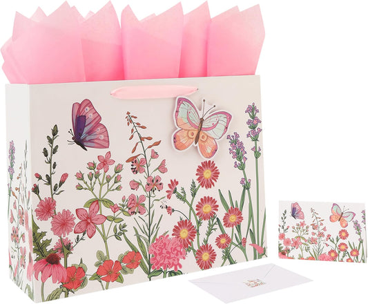 16.5” Extra Large 3D Butterfly Gift Bag Set with Handles, Greeting Card, Pink Tissue Papers and Stickers for Women Girls for Birthday, Mothers' Day, Wedding, Anniversary, Floral Design, 1 Pcs