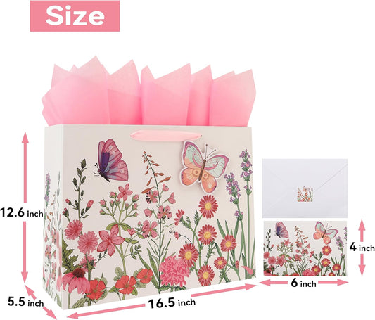16.5” Extra Large 3D Butterfly Gift Bag Set with Handles, Greeting Card, Pink Tissue Papers and Stickers for Women Girls for Birthday, Mothers' Day, Wedding, Anniversary, Floral Design, 1 Pcs