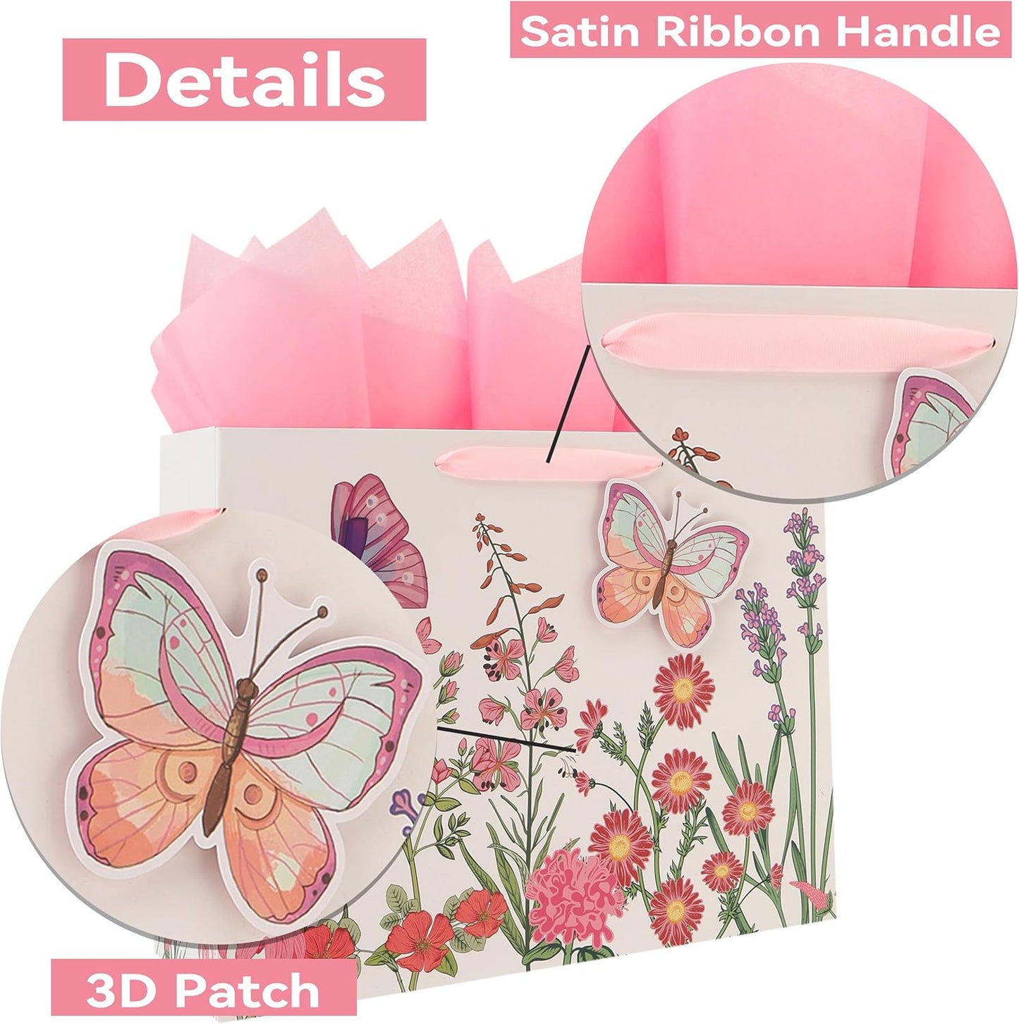 16.5” Extra Large 3D Butterfly Gift Bag Set with Handles, Greeting Card, Pink Tissue Papers and Stickers for Women Girls for Birthday, Mothers' Day, Wedding, Anniversary, Floral Design, 1 Pcs