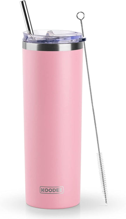 20 oz Stainless Steel Skinny Tumbler Double Wall Insulated Slim Water Tumbler Cup with Lids and Straw (Pink)