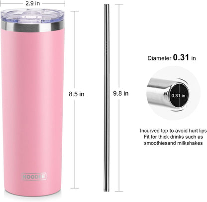 20 oz Stainless Steel Skinny Tumbler Double Wall Insulated Slim Water Tumbler Cup with Lids and Straw (Pink)