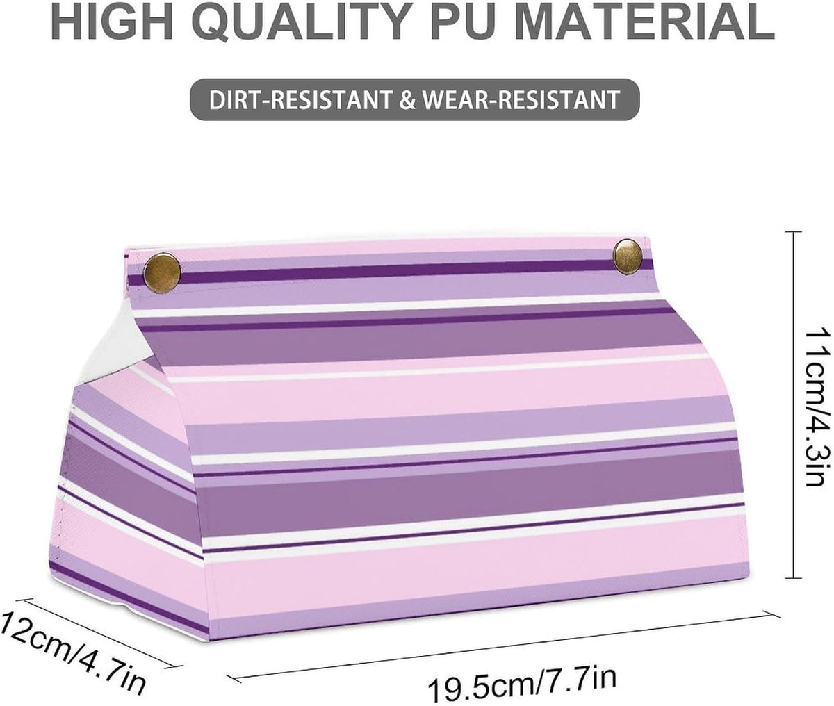 Striped Pattern Pinks Purples White Tissue Box Cover PU Leather Facial Tissue Dispenser Box for Office Car & Bathroom
