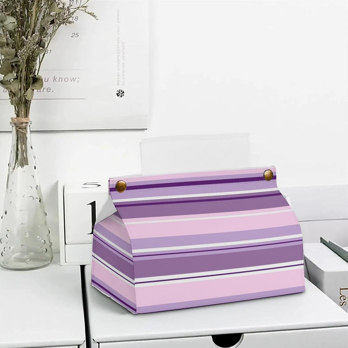 Striped Pattern Pinks Purples White Tissue Box Cover PU Leather Facial Tissue Dispenser Box for Office Car & Bathroom