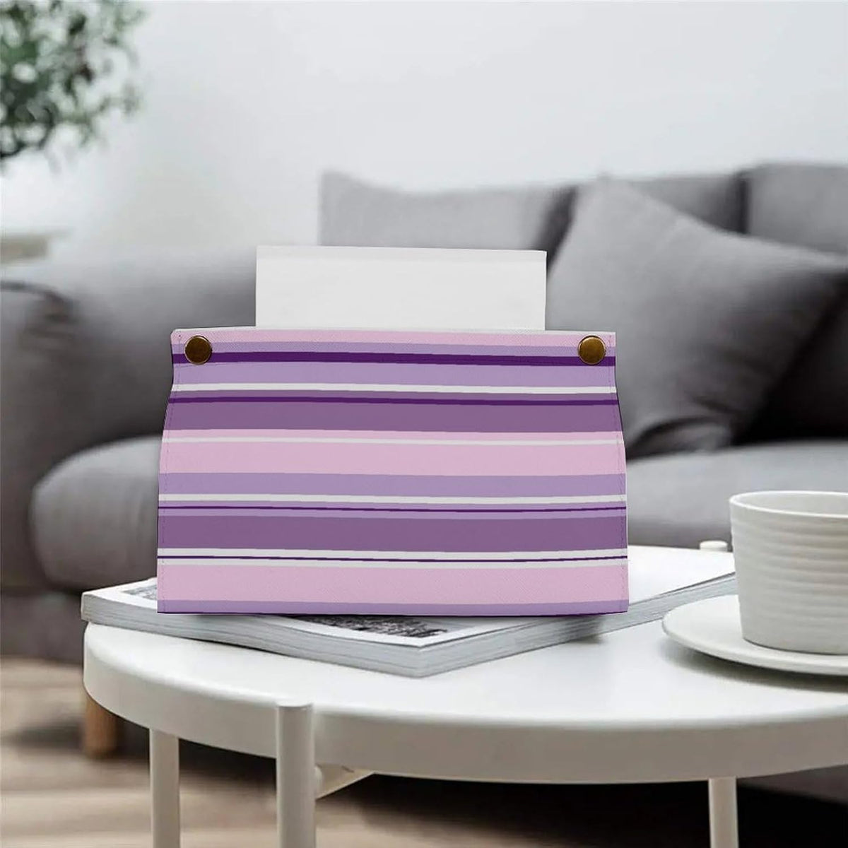 Striped Pattern Pinks Purples White Tissue Box Cover PU Leather Facial Tissue Dispenser Box for Office Car & Bathroom