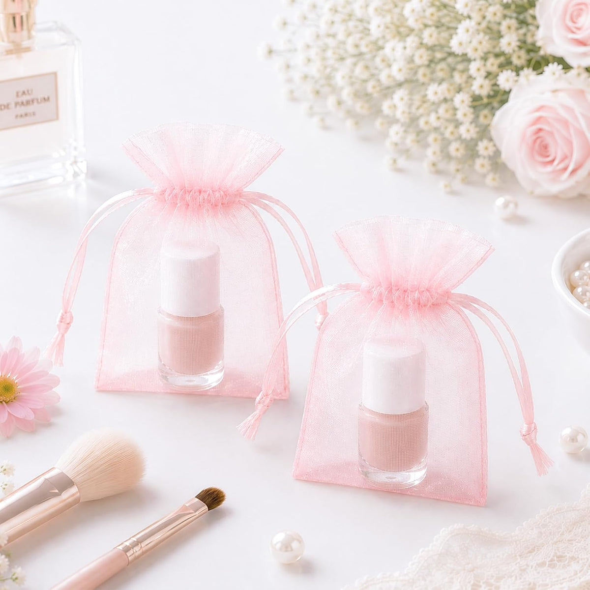 50Pcs Blush Pink Organza Bags,2.7x3.5 In Drawstring Mesh Pouch