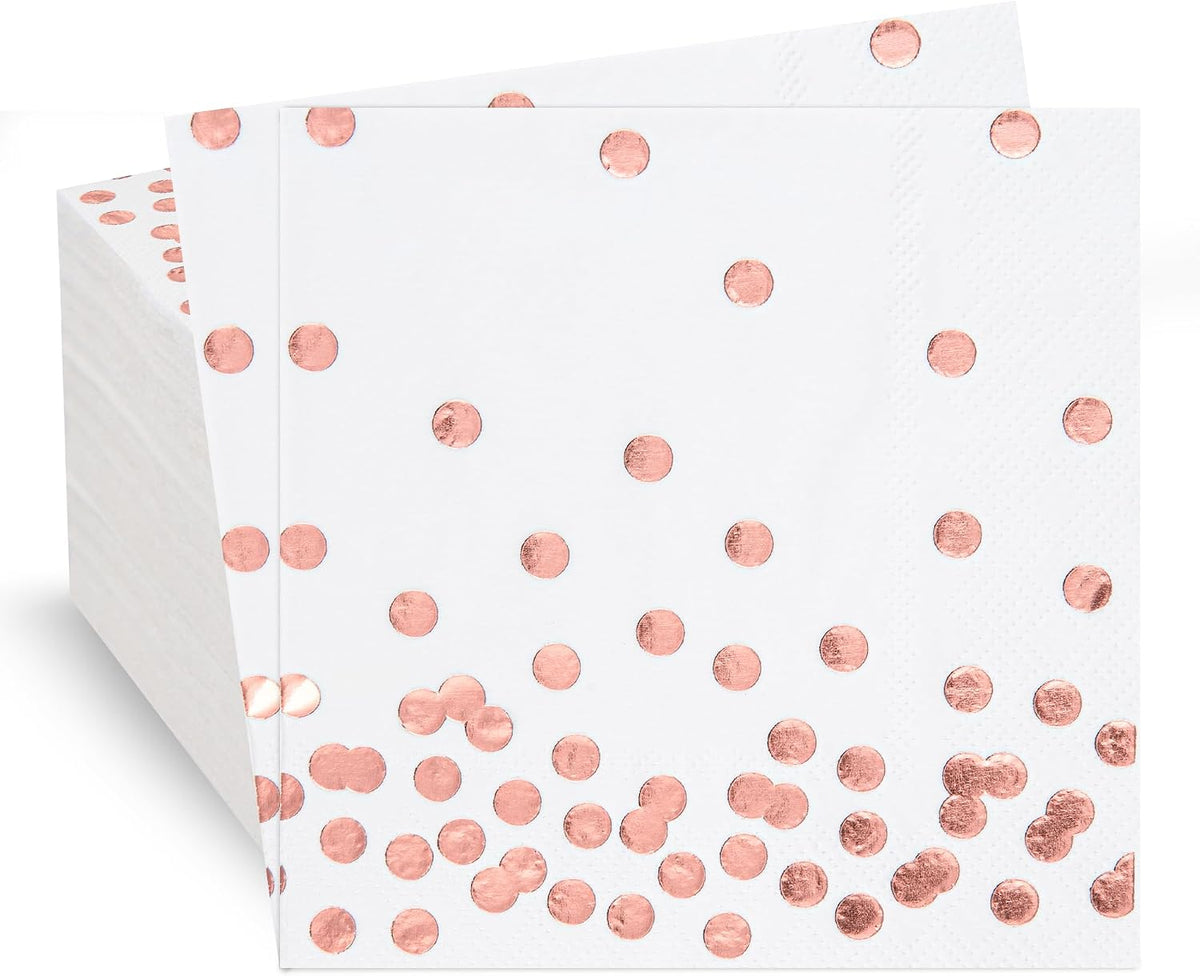 80 Pack of White Paper Cocktail Napkins with Gold Foil Polka Dot Confetti，Polka Dot Party Supplies(5 x 5 in，3-ply) (Rose Gold)