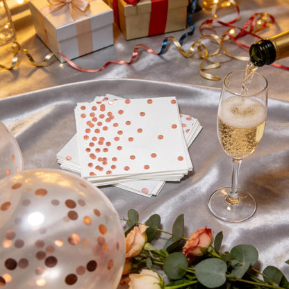 80 Pack of White Paper Cocktail Napkins with Gold Foil Polka Dot Confetti，Polka Dot Party Supplies(5 x 5 in，3-ply) (Rose Gold)