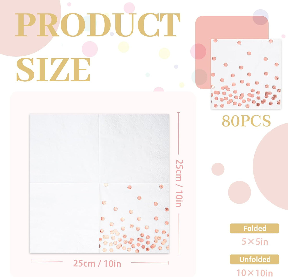 80 Pack of White Paper Cocktail Napkins with Gold Foil Polka Dot Confetti，Polka Dot Party Supplies(5 x 5 in，3-ply) (Rose Gold)