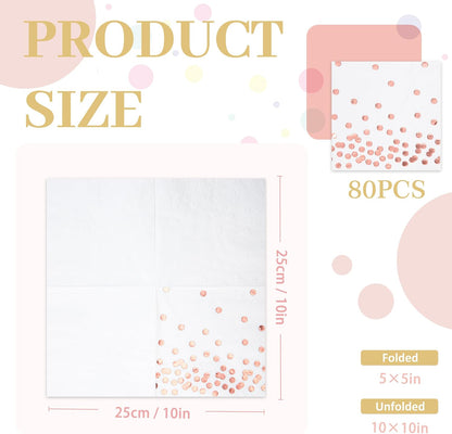 80 Pack of White Paper Cocktail Napkins with Gold Foil Polka Dot Confetti，Polka Dot Party Supplies(5 x 5 in，3-ply) (Rose Gold)