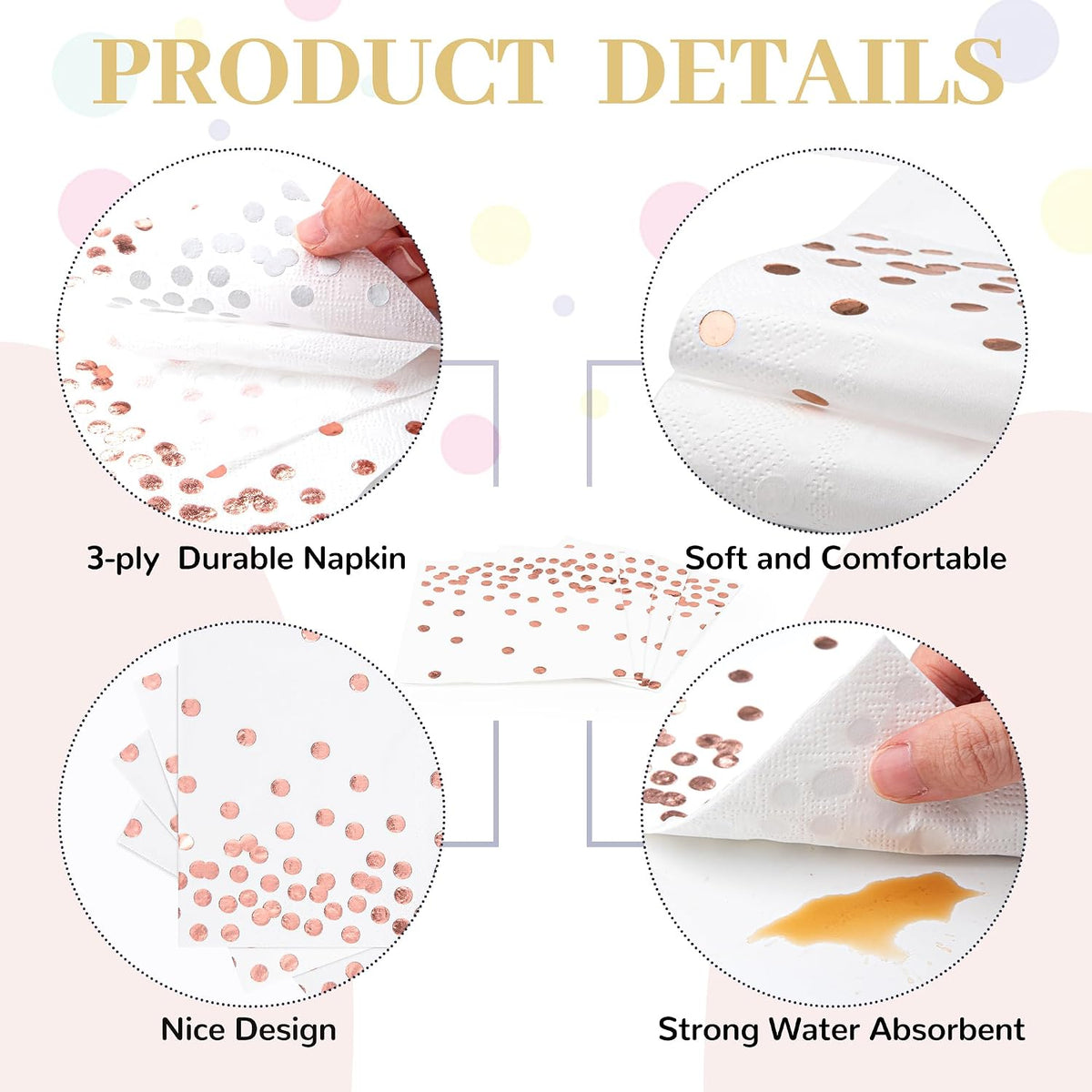 80 Pack of White Paper Cocktail Napkins with Gold Foil Polka Dot Confetti，Polka Dot Party Supplies(5 x 5 in，3-ply) (Rose Gold)