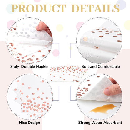 80 Pack of White Paper Cocktail Napkins with Gold Foil Polka Dot Confetti，Polka Dot Party Supplies(5 x 5 in，3-ply) (Rose Gold)