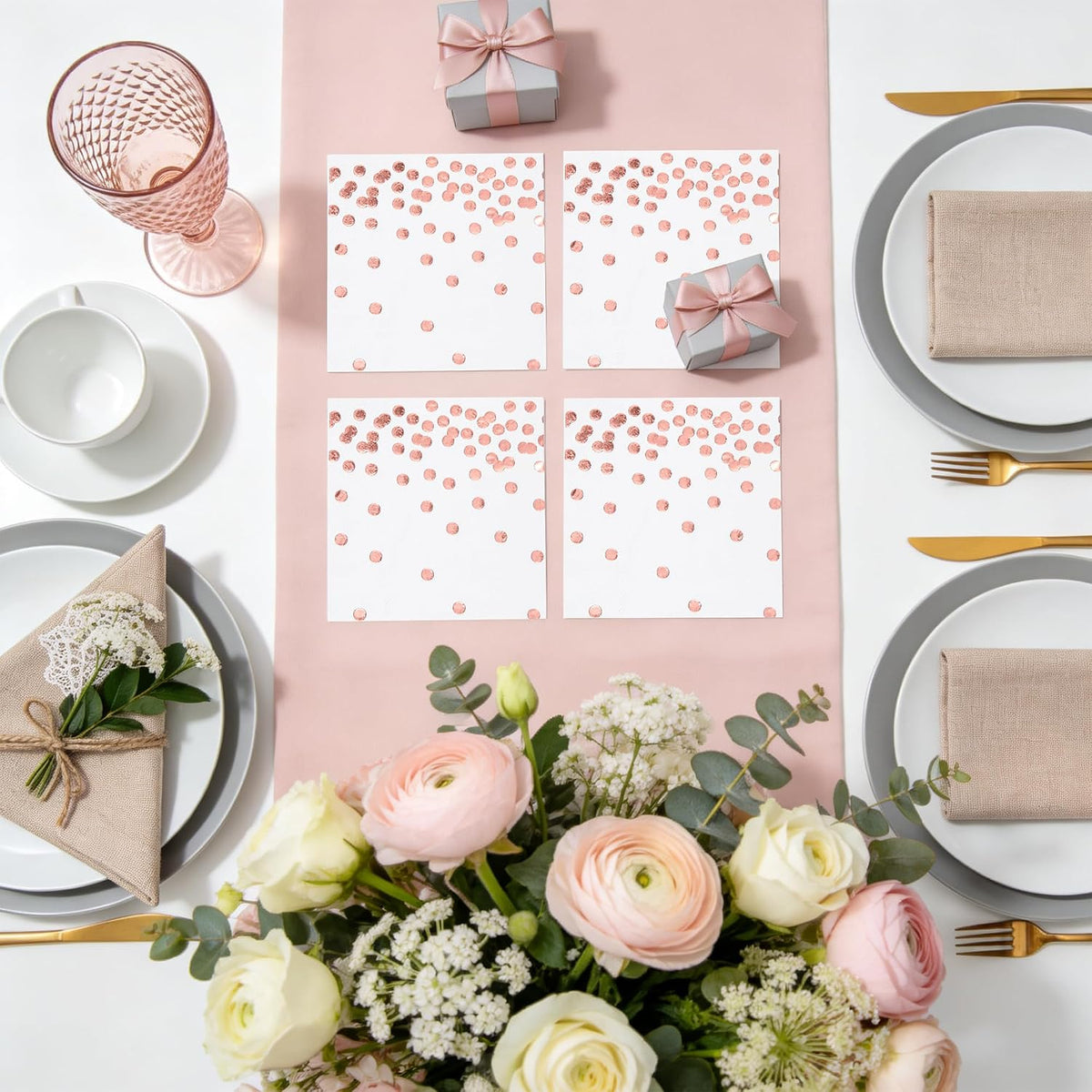 80 Pack of White Paper Cocktail Napkins with Gold Foil Polka Dot Confetti，Polka Dot Party Supplies(5 x 5 in，3-ply) (Rose Gold)