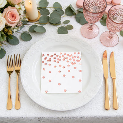 80 Pack of White Paper Cocktail Napkins with Gold Foil Polka Dot Confetti，Polka Dot Party Supplies(5 x 5 in，3-ply) (Rose Gold)