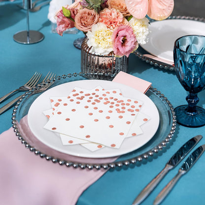 80 Pack of White Paper Cocktail Napkins with Gold Foil Polka Dot Confetti，Polka Dot Party Supplies(5 x 5 in，3-ply) (Rose Gold)