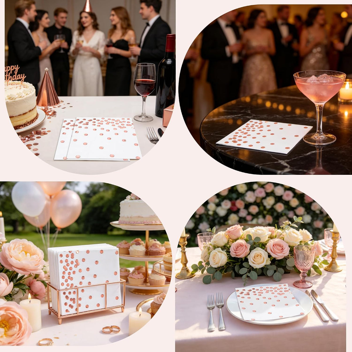 80 Pack of White Paper Cocktail Napkins with Gold Foil Polka Dot Confetti，Polka Dot Party Supplies(5 x 5 in，3-ply) (Rose Gold)