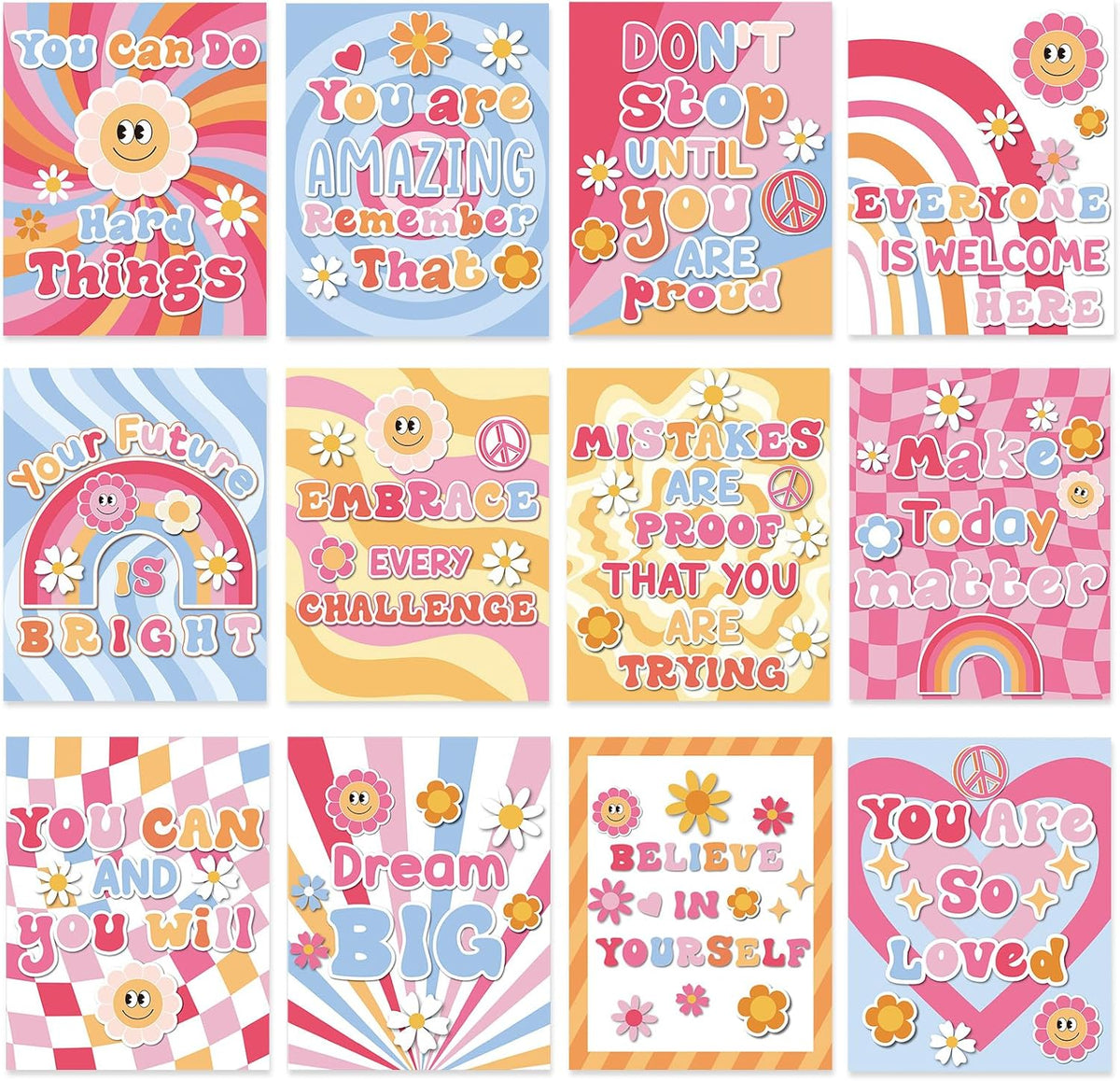12 Pcs Retro Groovy Classroom Posters Decor, Pink Groovy
